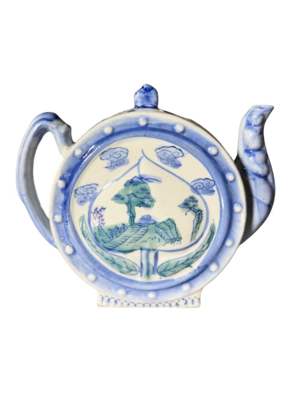 Vintage Blue & White Porcelain Canteen Teapot Moon Flask Scholar Landscape Peach